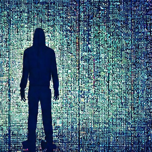 A generated image with a silhouette of a slim person in a hoodie in front of a mosaic of small, shiny rectangles creating a halo effect around the person.