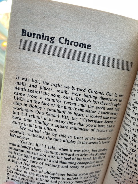 The opening page of William Gibson's "Burning Chrome."