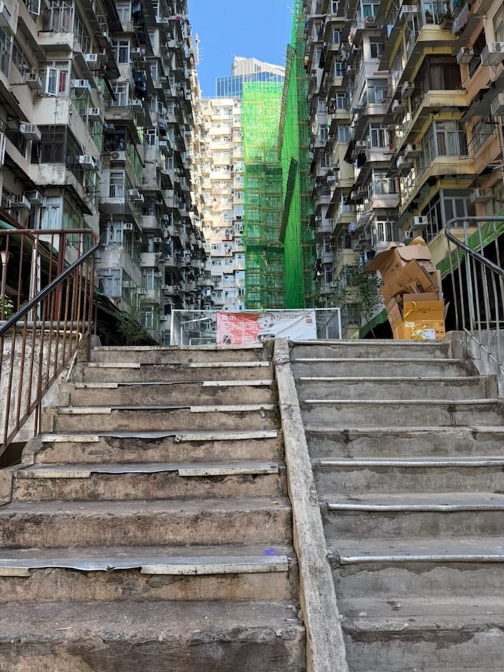 Walking up the stairs to the inner courtyard of the Monster Building.