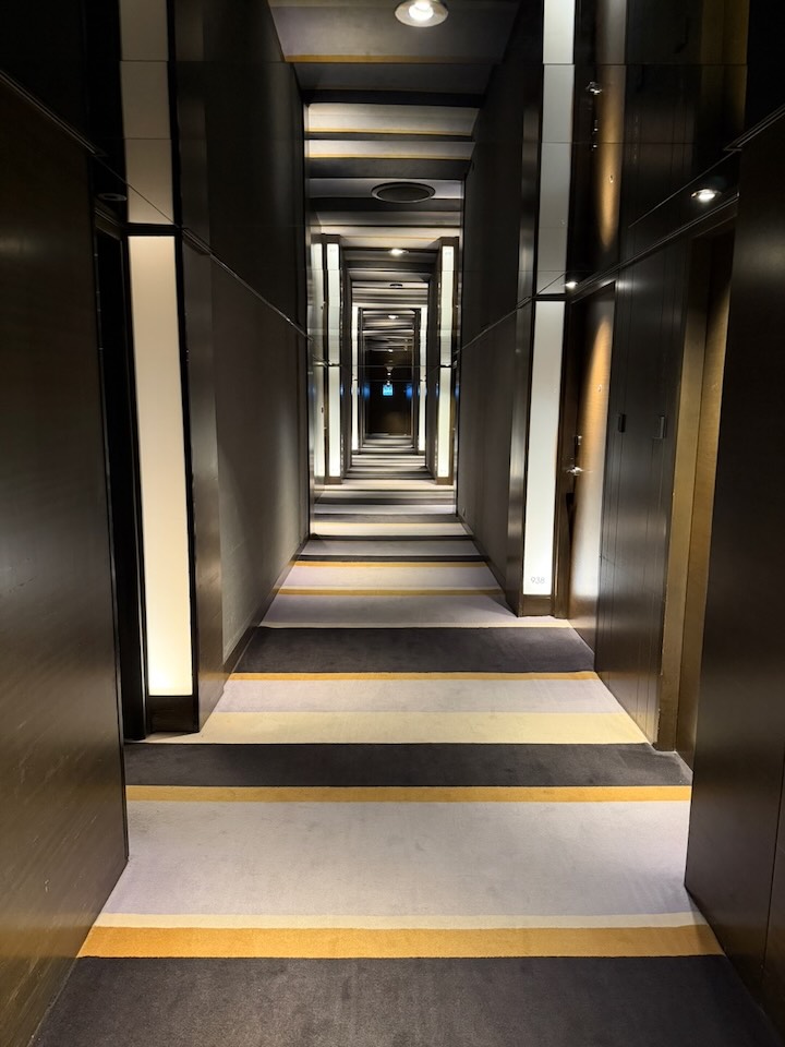 Room-level corridors have mirror ceilings creating an optical illusion of double the height.