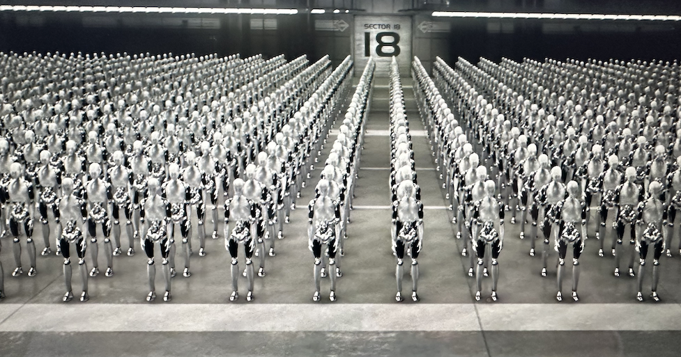 The Nestor 6 robots standing in formation in the factory.