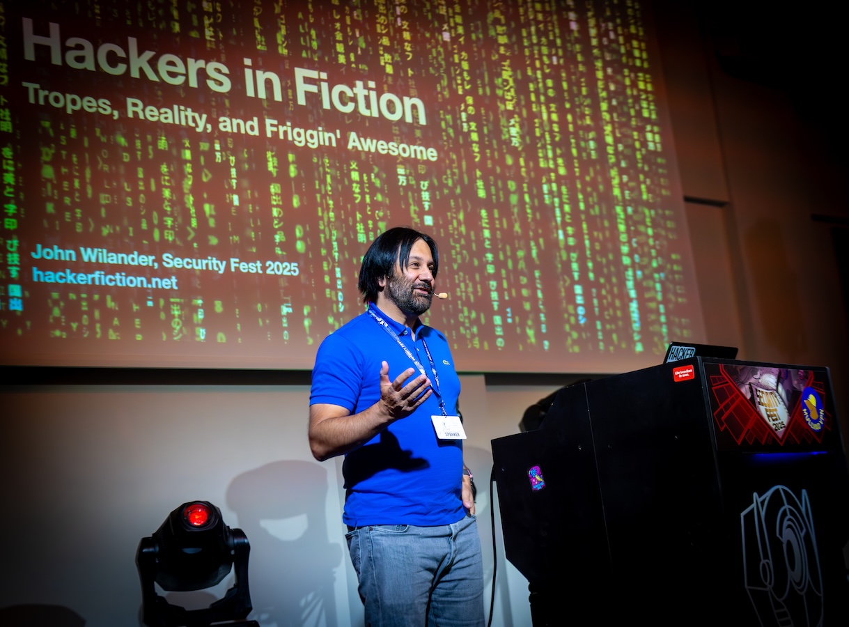 John on stage at Security Fest, zoomed in.