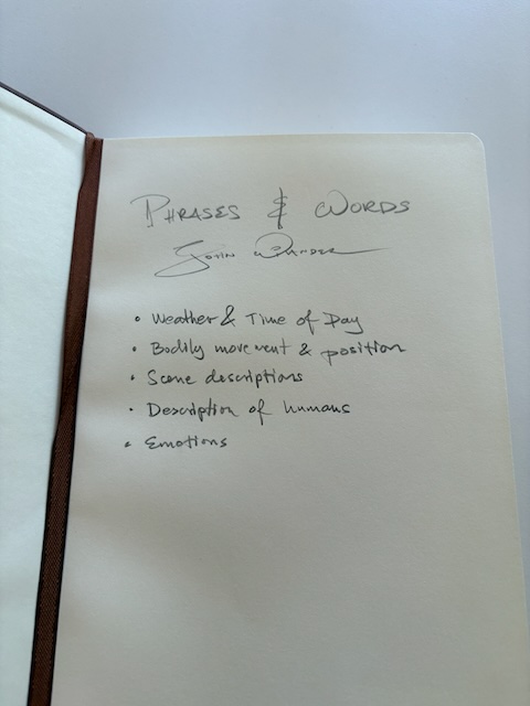 Handwritten index of John's notebook with for instance "Weather".