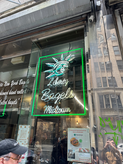 Street view of Liberty Bagels in New York City.
