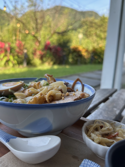 Photo of a bowl of noodles in the foreground and a garden with flowers in the background.