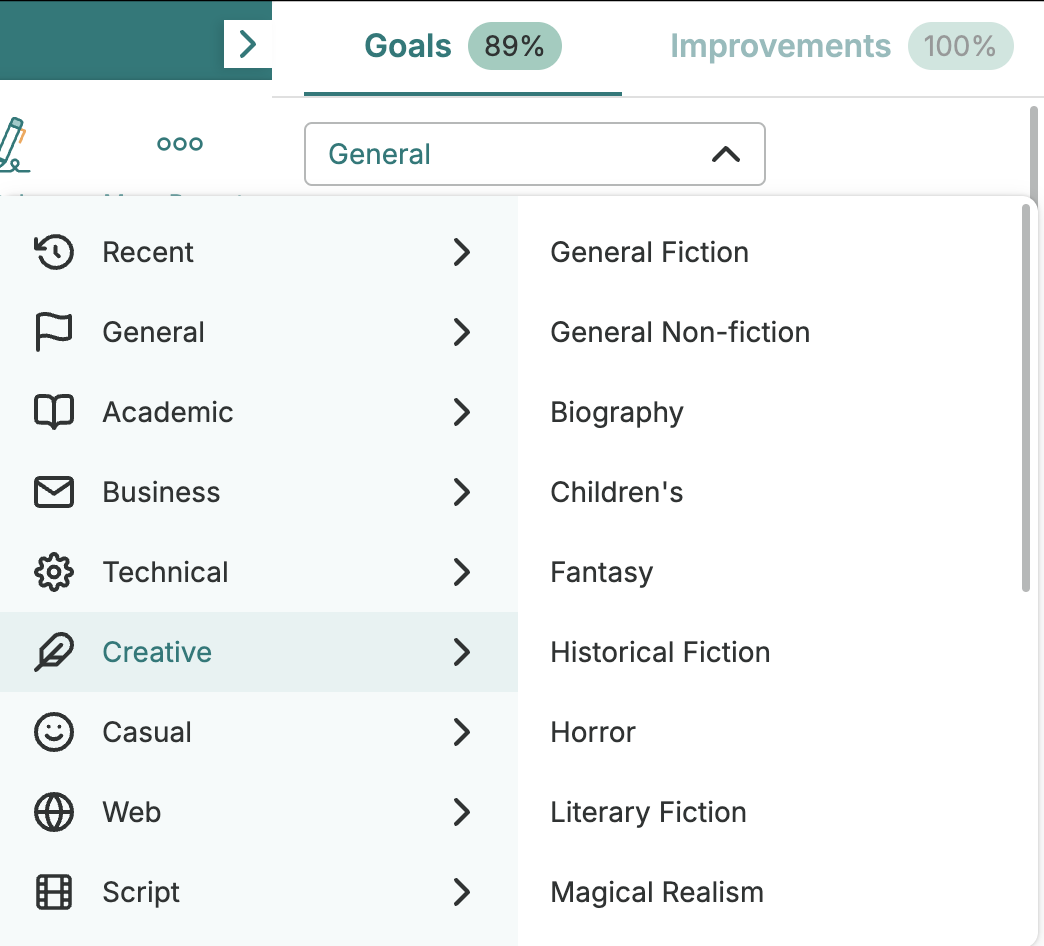 Screenshot of ProWritingAid's style setting, showing General, Academic, Business, Technical, Creative, Casual, Web, and Script as the top level choices. Under Creative the choices are General Fiction, General Non-Fiction, Biography, Children's, Fantasy, Historical Fiction, Horror, Literary Fiction, and Magical Realism.