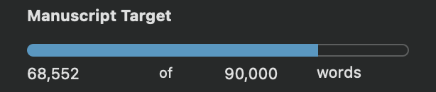 Screenshot of a progress bar showing how John has written 68,552 words toward his target of 90,000.