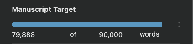 Screenshot of a progress bar showing how John has written 79,888 words toward his target of 90,000.