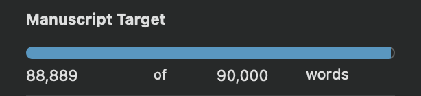 Screenshot of a progress bar showing how John has written 88,889 words toward his target of 90,000.