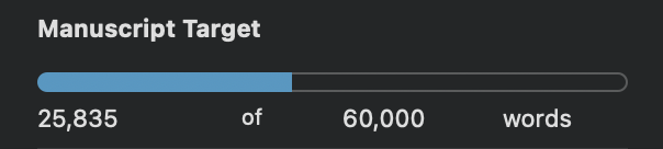 Screenshot of a progress bar showing how John has written 25,835 words toward his target of 60,000.