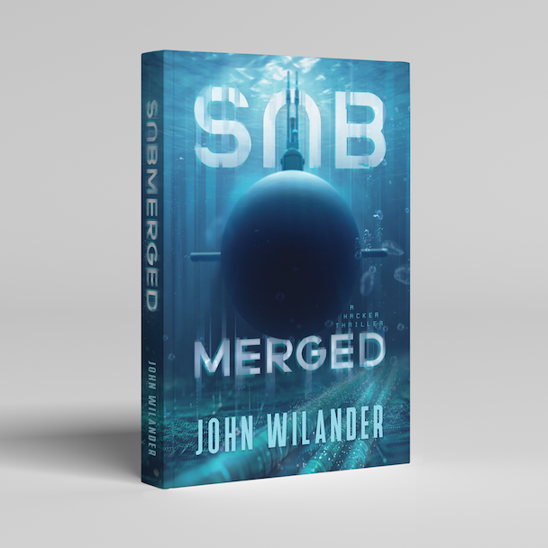 Submerged as a mock paperback. The image is underwater. The title is split into SUB MERGED with the U upside-down. In the middle the nose of a submarine coming right at the reader. On the ocean floor subsea cables.
