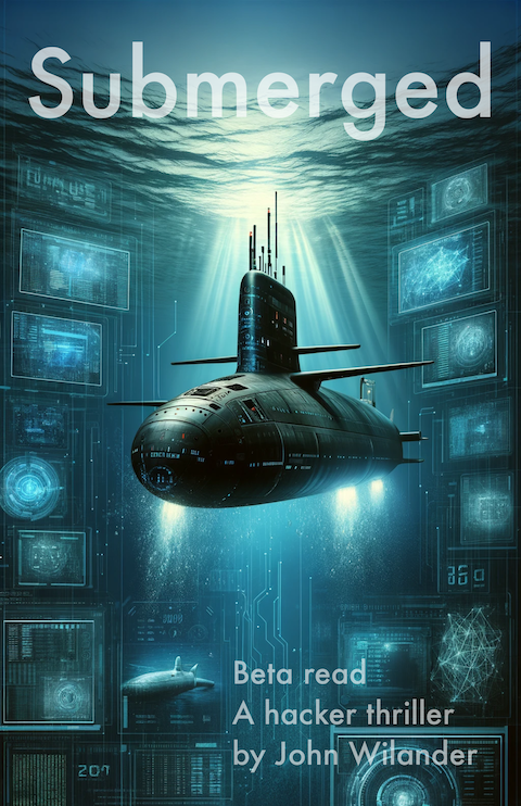 A submarine just below the surface with daylight flowing down in shafts. On either side of the sub are screens with geometric shapes, several looking like spherical mesh networks