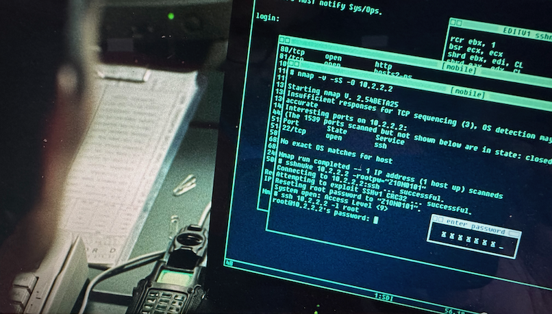 Screenshot from the movie Matrix Reloaded showing the screen content of Trinity's hack with nmap.