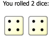 Screenshot of two rolled dice at Random dot org. The dice are both fours.